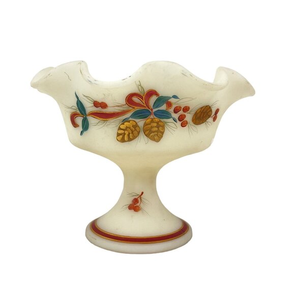 Vintage Hand-Painted Milk Glass Compote Bowl With Pinecone and Berry Design - Picture 2 of 8